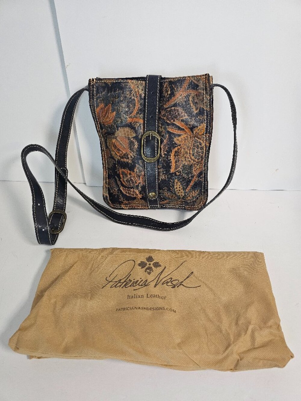Patricia Nash Crossbody Hipster Navy Floral Leather Boho Dust Bag